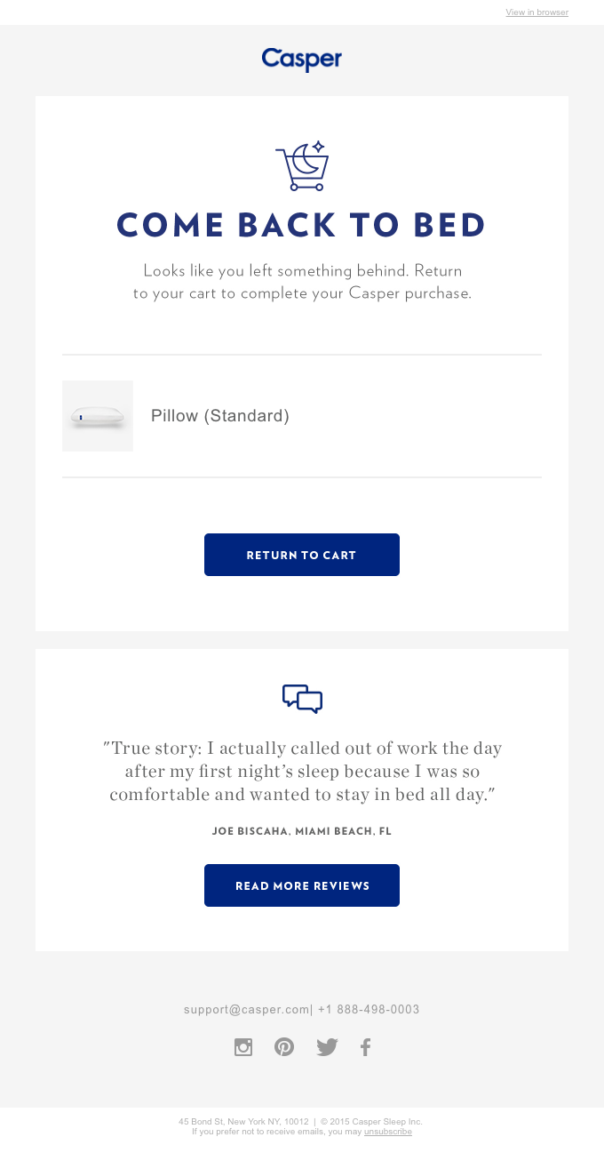 Casper abandoned cart email with playful 'Come back to bed' headline and customer testimonial for social proof